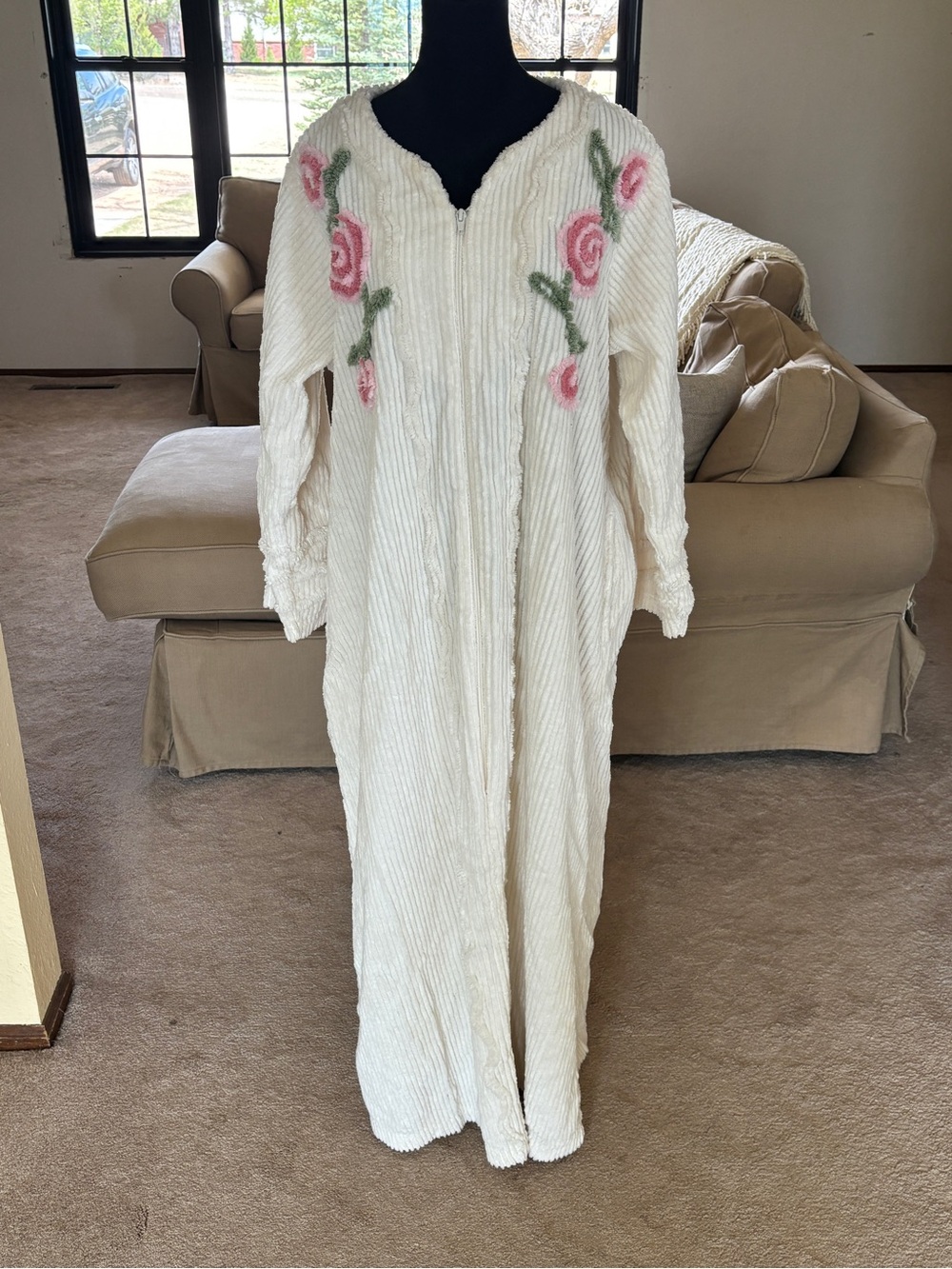 Only Necessities Cream Long Chenille Robe with Pink Rose Embroidery